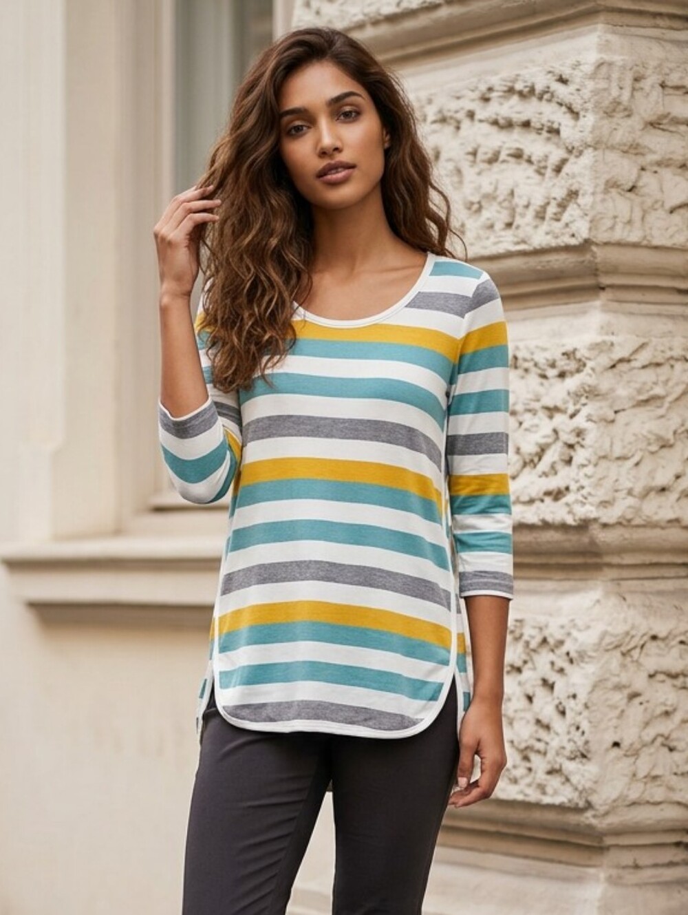 Market & Spruce Zansia French Terry Top M Turquoise Stripe High Low Cozy Chic